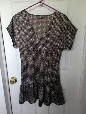 Women's Brown & Cream Patterned V-Neck Drop-Waist Dress